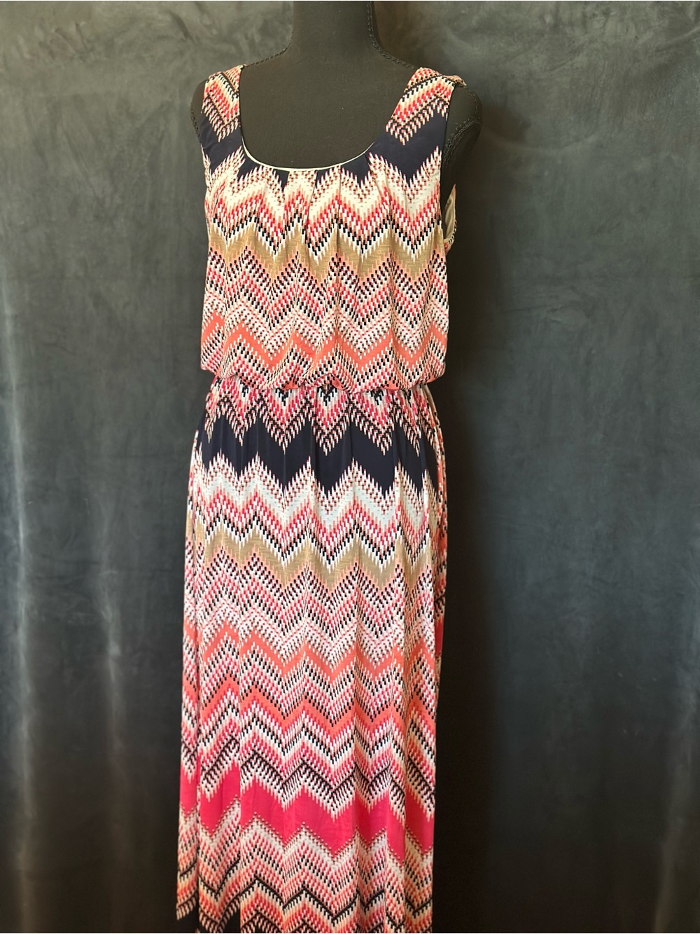 Trixxi Sleeveless Chevron Maxi Dress in Navy, Coral & Cream